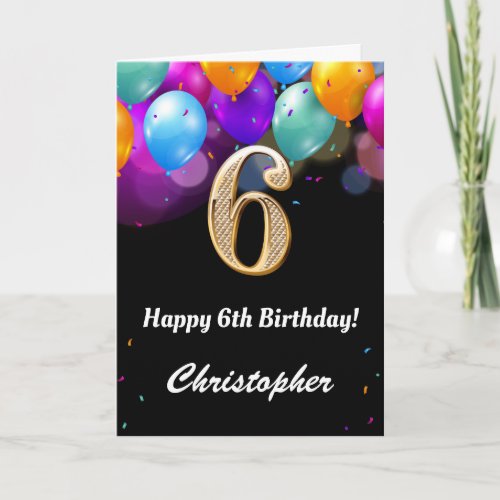 6th Birthday Black and Gold Colorful Balloons Card