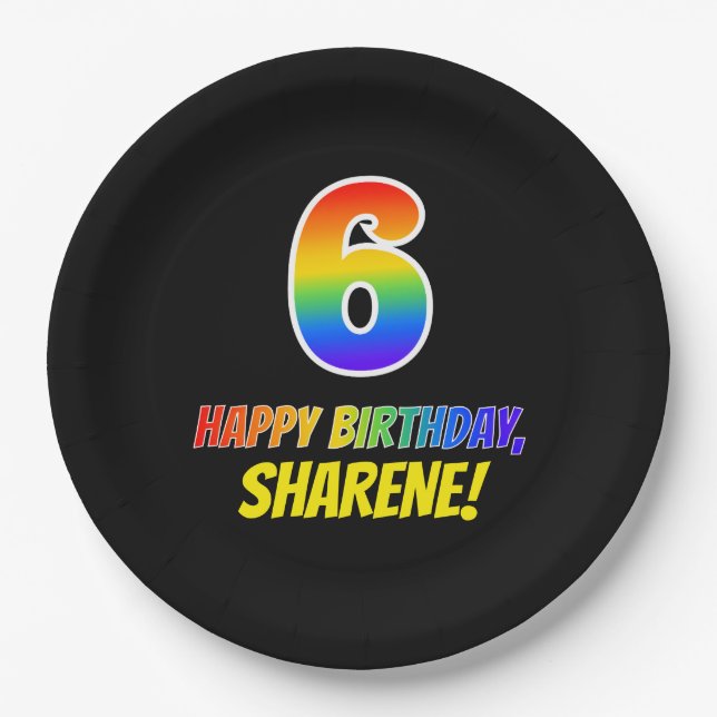 6th Birthday: Bold, Fun, Simple, Rainbow 6 Paper Plates (Front)