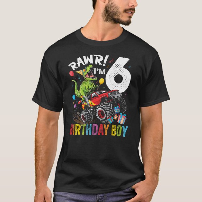 6th Birthday Boy Dinosaur Monster Truck T-Shirt (Front)