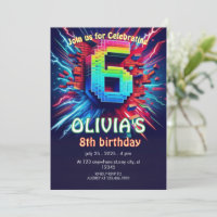 6th Birthday Boy Pixel neon Invitation