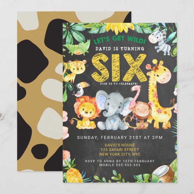 6th Birthday Boy Safari Animals Chalkboard Jungle Invitation (Front/Back)