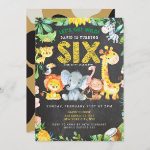 6th Birthday Boy Safari Animals Chalkboard Jungle Invitation