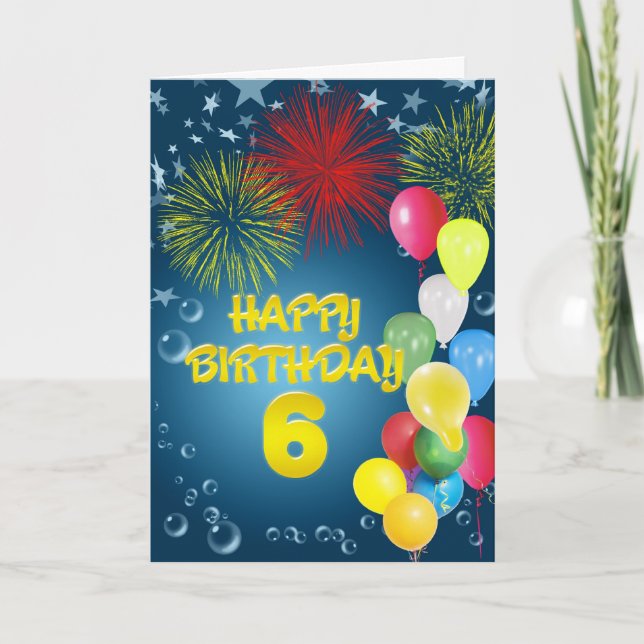 6th Birthday card with fireworks and balloons (Front)