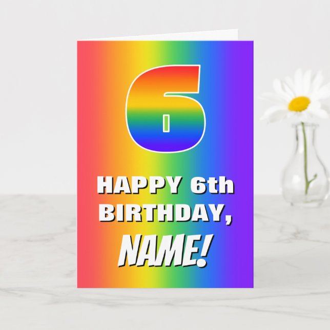 6th Birthday: Colorful, Fun Rainbow Pattern # 6 Card (Small Plant)