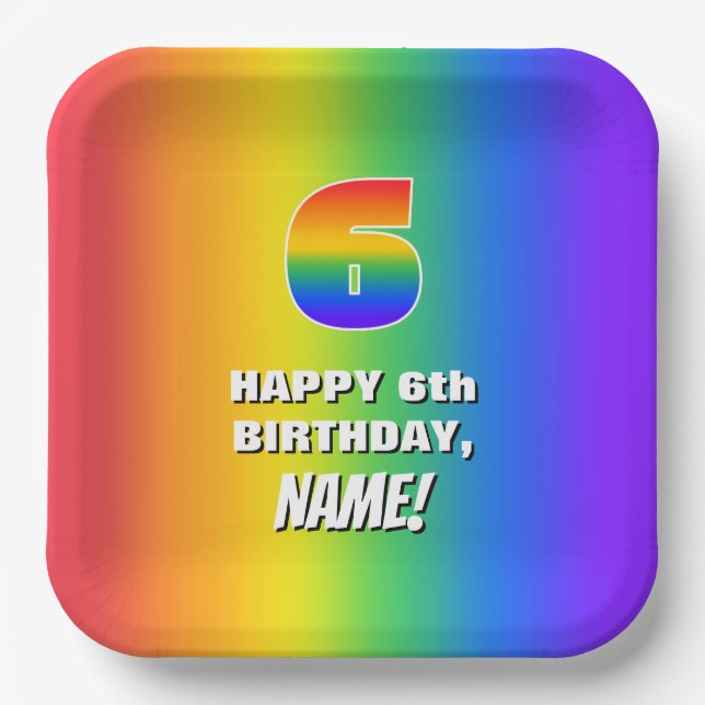 6th Birthday: Colorful, Fun Rainbow Pattern # 6 Paper Plates (Front)