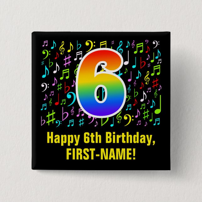 6th Birthday: Colorful Music Symbols, Rainbow 6 Button (Front)