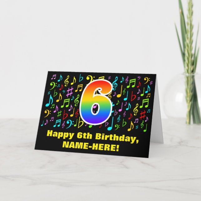 6th Birthday - Colorful Music Symbols & Rainbow 6 Card (Front)