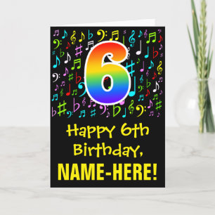 6th Birthday: Colorful Music Symbols + Rainbow 6 Card