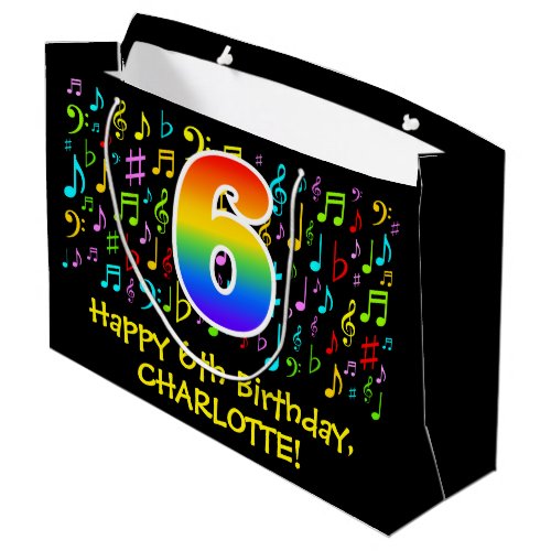 6th Birthday _ Colorful Music Symbols Rainbow 6 Large Gift Bag