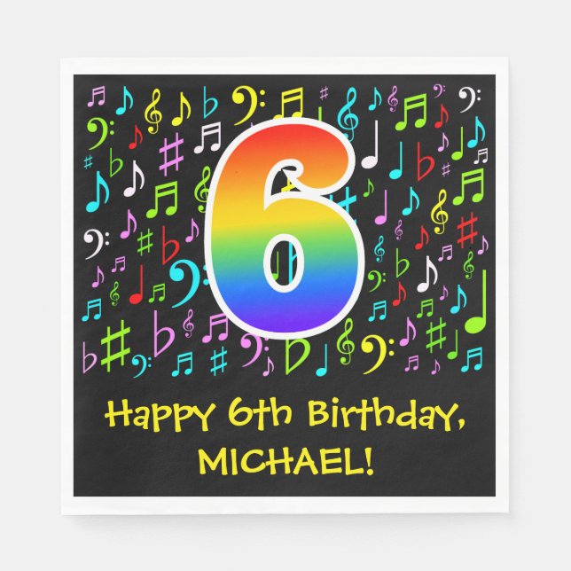 6th Birthday - Colorful Music Symbols, Rainbow 6 Napkins (Front)
