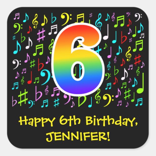 6th Birthday Colorful Music Symbols Rainbow 6 Square Sticker