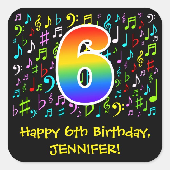 6th Birthday: Colorful Music Symbols, Rainbow 6 Square Sticker (Front)