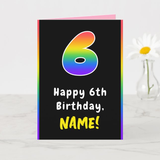 6th Birthday: Colorful Rainbow # 6, Custom Name Card (Small Plant)