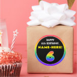 [ Thumbnail: 6th Birthday: Colorful Rainbow # 6, Custom Name Round Sticker ]