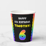 [ Thumbnail: 6th Birthday: Colorful Rainbow # 6, Custom Name Paper Cups ]