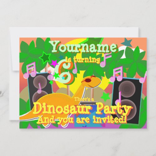 6th Birthday Cool Dinosaur DJ Party Invitations