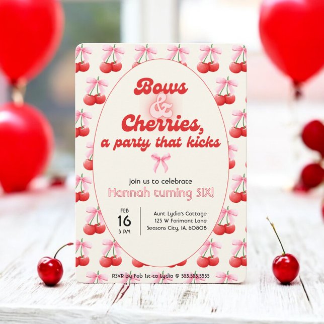 6th Birthday Coquette Cherries Bows Bubble Letters Invitation (Creator Uploaded)