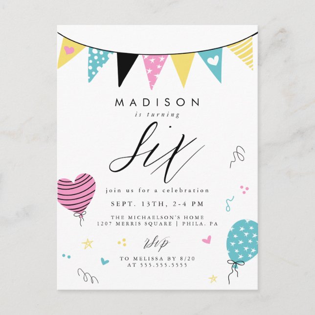 6TH BIRTHDAY | Cute Doodle Birthday Party Postcard (Front)