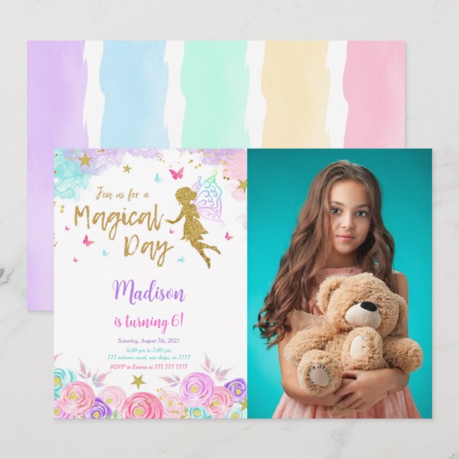 6th Birthday Fairy Party Photo Invitation (Front/Back)