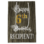 [ Thumbnail: 6th Birthday: Faux Gold Look & Faux Wood Pattern Gift Bag ]