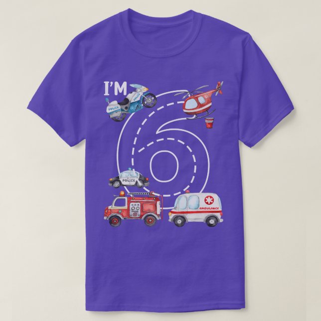 6th Birthday Fire Truck Ambulance Police Car 6 Yea T-Shirt (Design Front)