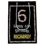 [ Thumbnail: 6th Birthday: Floral Flowers Number, Custom Name Gift Bag ]