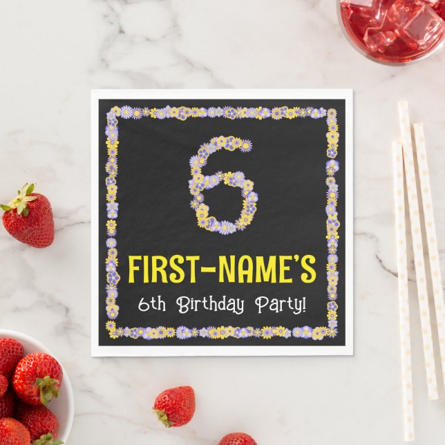 6th Birthday: Floral Flowers Number, Custom Name Napkins (Insitu)