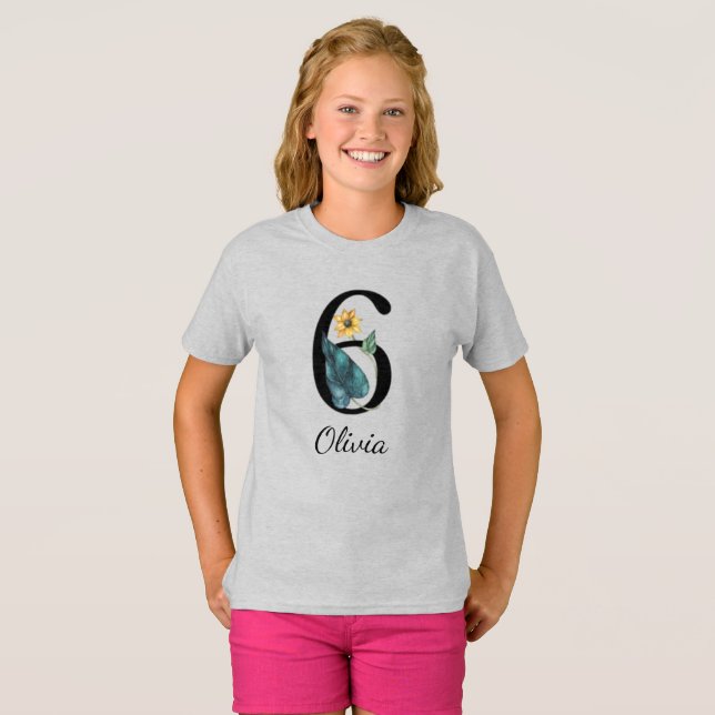6th Birthday Floral Personalized Name T-Shirt (Front Full)