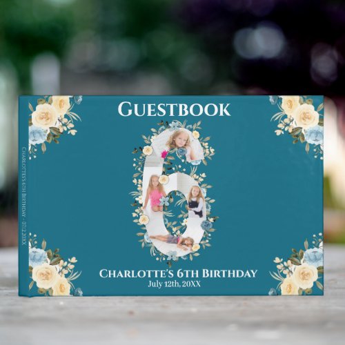 6th Birthday Flower Teal Photo Collage Blue Yellow Guest Book