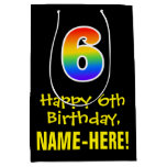 [ Thumbnail: 6th Birthday: Fun, Bold, Colorful, Rainbow "6" Gift Bag ]