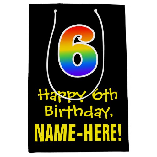 6th Birthday Fun Bold Colorful Rainbow 6 Medium Gift Bag