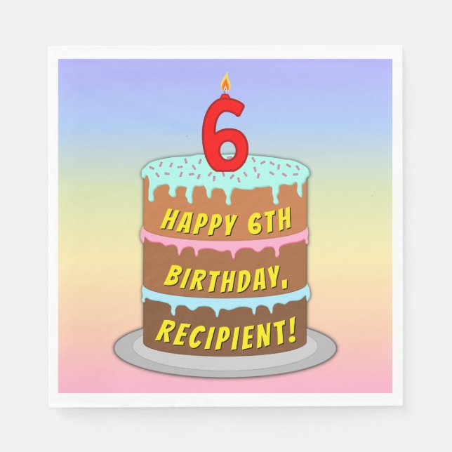 6th Birthday: Fun Cake and Candle + Custom Name Napkins (Front)