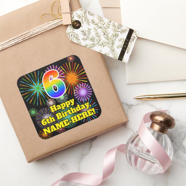 6th Birthday: Fun Fireworks Look, Rainbow # 6 Square Sticker (Gifting)