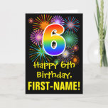 [ Thumbnail: 6th Birthday: Fun Fireworks Pattern + Rainbow 6 Card ]