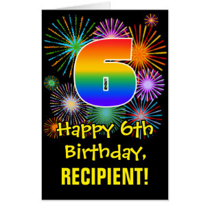 6th Birthday: Fun Fireworks Pattern & Rainbow 6 Card