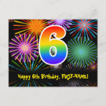 [ Thumbnail: 6th Birthday – Fun Fireworks Pattern + Rainbow 6 Postcard ]