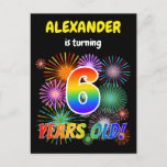 [ Thumbnail: 6th Birthday - Fun Fireworks, Rainbow Look "6" Postcard ]