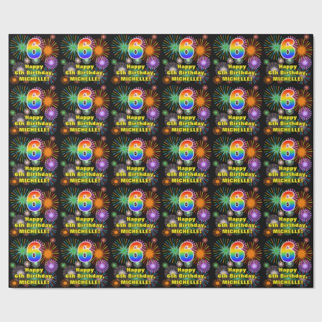 6th Birthday: Fun Fireworks, Rainbow Look # “6” Wrapping Paper (Seam)