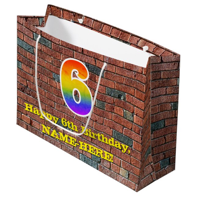6th Birthday: Fun, Graffiti-Inspired Rainbow # 6 Large Gift Bag (Front Angled)