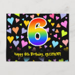 [ Thumbnail: 6th Birthday: Fun Hearts Pattern, Rainbow 6 Postcard ]