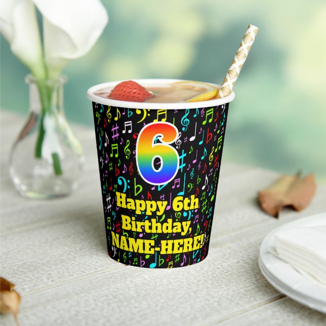 6th Birthday: Fun Music Notes Pattern, Rainbow 6 Paper Cups (Insitu)