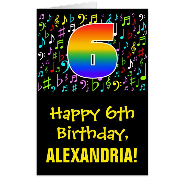 6th Birthday: Fun Music Symbols + Rainbow # 6 Card (Front)