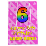[ Thumbnail: 6th Birthday: Fun Pink Hearts Stripes & Rainbow 6 Gift Bag ]