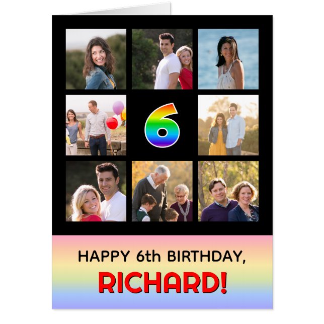 6th Birthday: Fun Rainbow #, Custom Photos & Name Card (Front)
