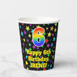 [ Thumbnail: 6th Birthday: Fun Stars Pattern and Rainbow 6 Paper Cups ]