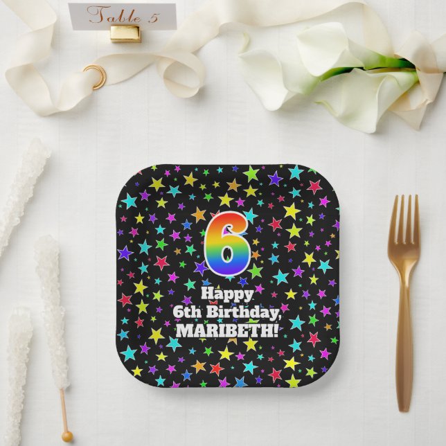 6th Birthday: Fun Stars Pattern and Rainbow “6” Paper Plates (Wedding)