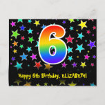 [ Thumbnail: 6th Birthday: Fun Stars Pattern, Rainbow 6, Name Postcard ]