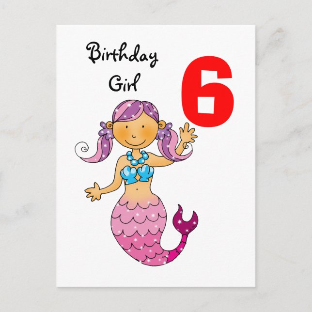 6th birthday gift for a girl, cute mermaid postcard (Front)
