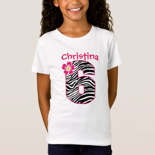 6th Birthday Girl Hot Pink & Black Zebra Pattern T-Shirt (Front)