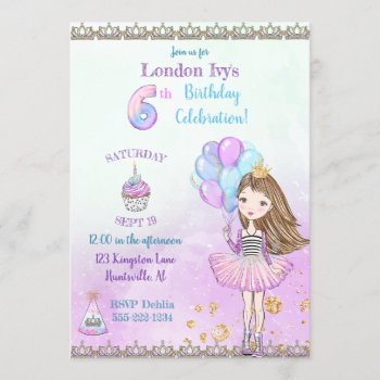 6th Birthday Girl Princess Cupcake Balloons Invitation by nawnibelles at Zazzle